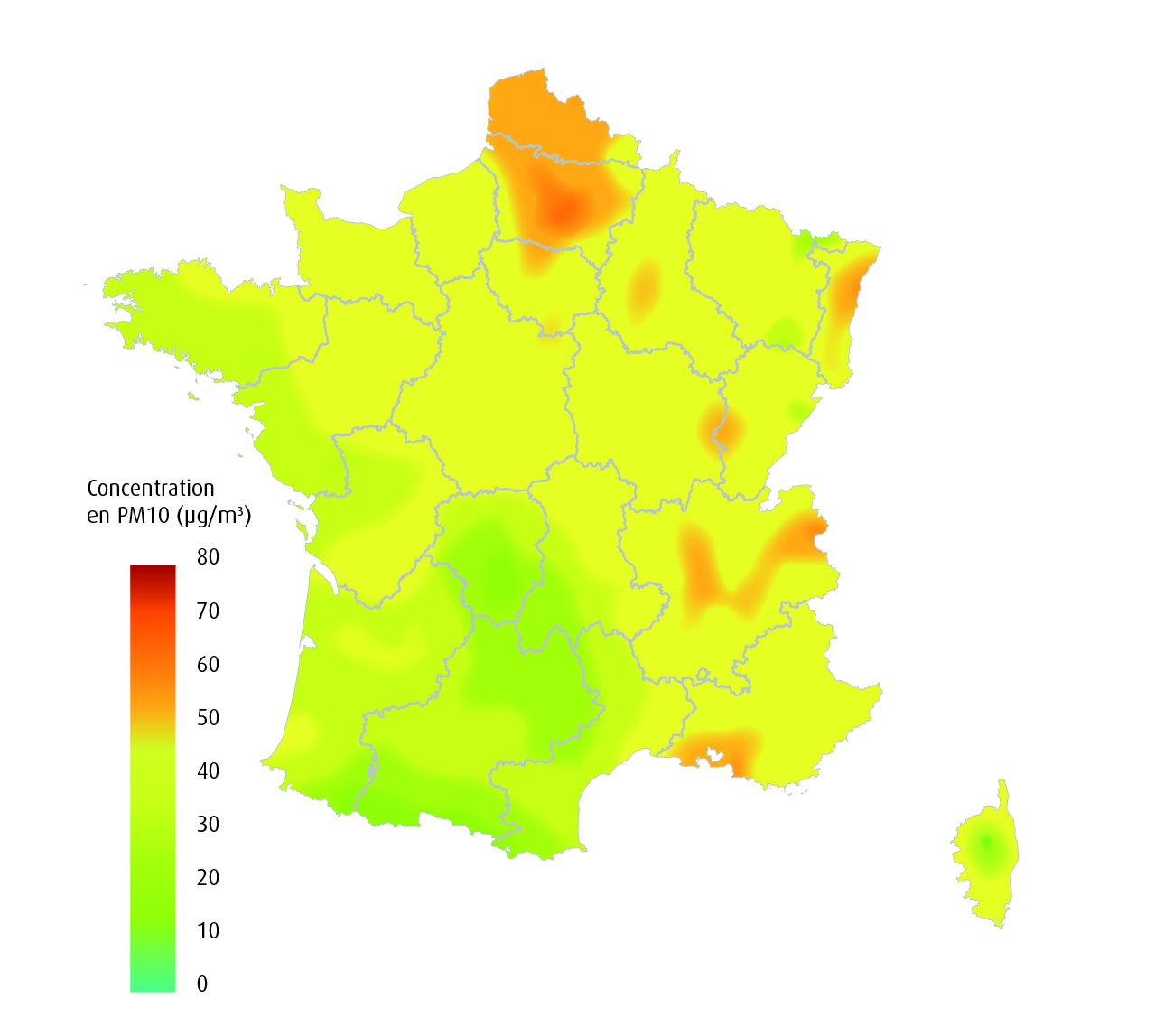 Exemple de répartition spatiale des concentrations moyennes hivernales de PM10 en France en 2013