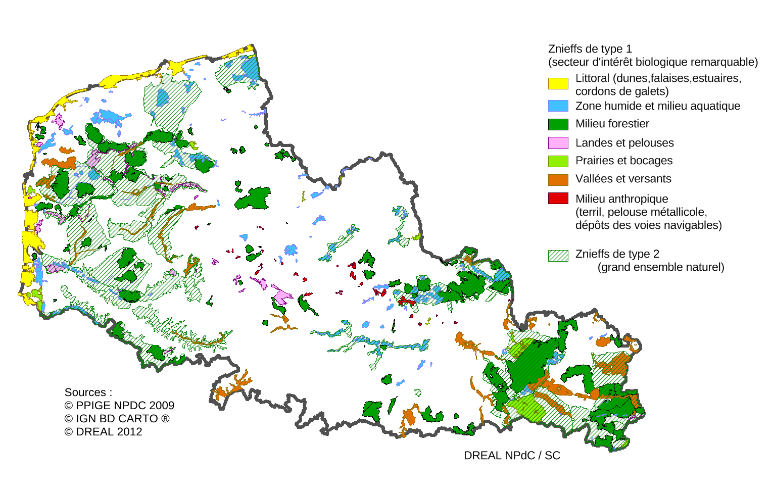 Les Zones Naturelles d'Intérêt Écologique, Faunistique et Floristique sont très liées au littoral, aux zones humides ou boisées